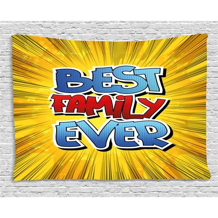 Family Tapestry, Comic Book Style Best Family Ever Words on Abstract Cartoon Backdrop Graphic, Wall Hanging for Bedroom Living Room Dorm Decor, 60W X 40L Inches, Blue Red Yellow, by