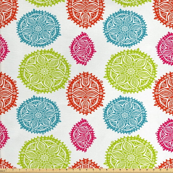 Oriental Fabric by the Yard Upholstery, Floral Mandala Inspired Art on a Plain Background, Decorative Fabric for DIY and Home Accents, Multicolor by Ambesonne