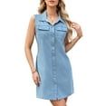 thumbnail image 2 of Denim Dresses for Women Sleeveless Stretchy Jean Summer Casual Western Short Button Down Dress with Patch Pocket Blue S, 2 of 9