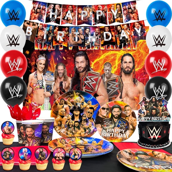 Wrestling Match Birthday Party Supplies, 112 Pieces Wrestling Match Party Decorations Tableware Set - Wrestling Match Balloons Background Banner Tablecloth and Other Theme Party Decorations