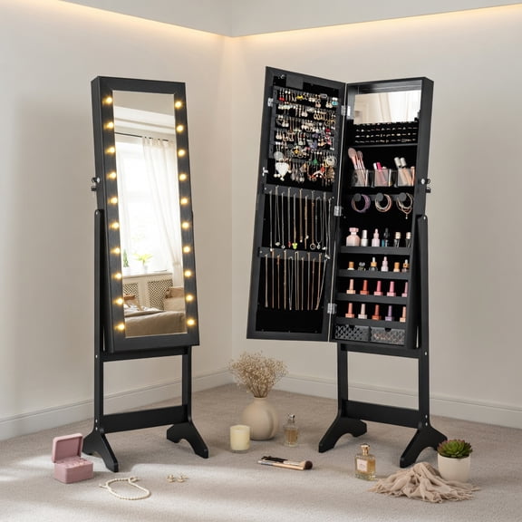 Resenkos Lighted Jewelry Cabinet - 20 Warm Lights, 4 Tilt Angles, Full-Length Mirror - Black