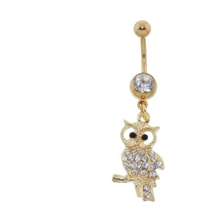Crystal Belly Owl - Lex & Lu Steel CZ Gem Belly Button Ring Navel Piercing Gold Owl