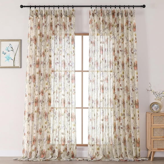 Pinch Pleated Sheer Curtains 96 Inches Long 2 Panels Set, Extra Wide Sheer Floral Curtains Printed Drapes for Living Room Bedroom, Rod Pocket Light Filtering Window Sheers 2 Pcs Each 60" x 96"