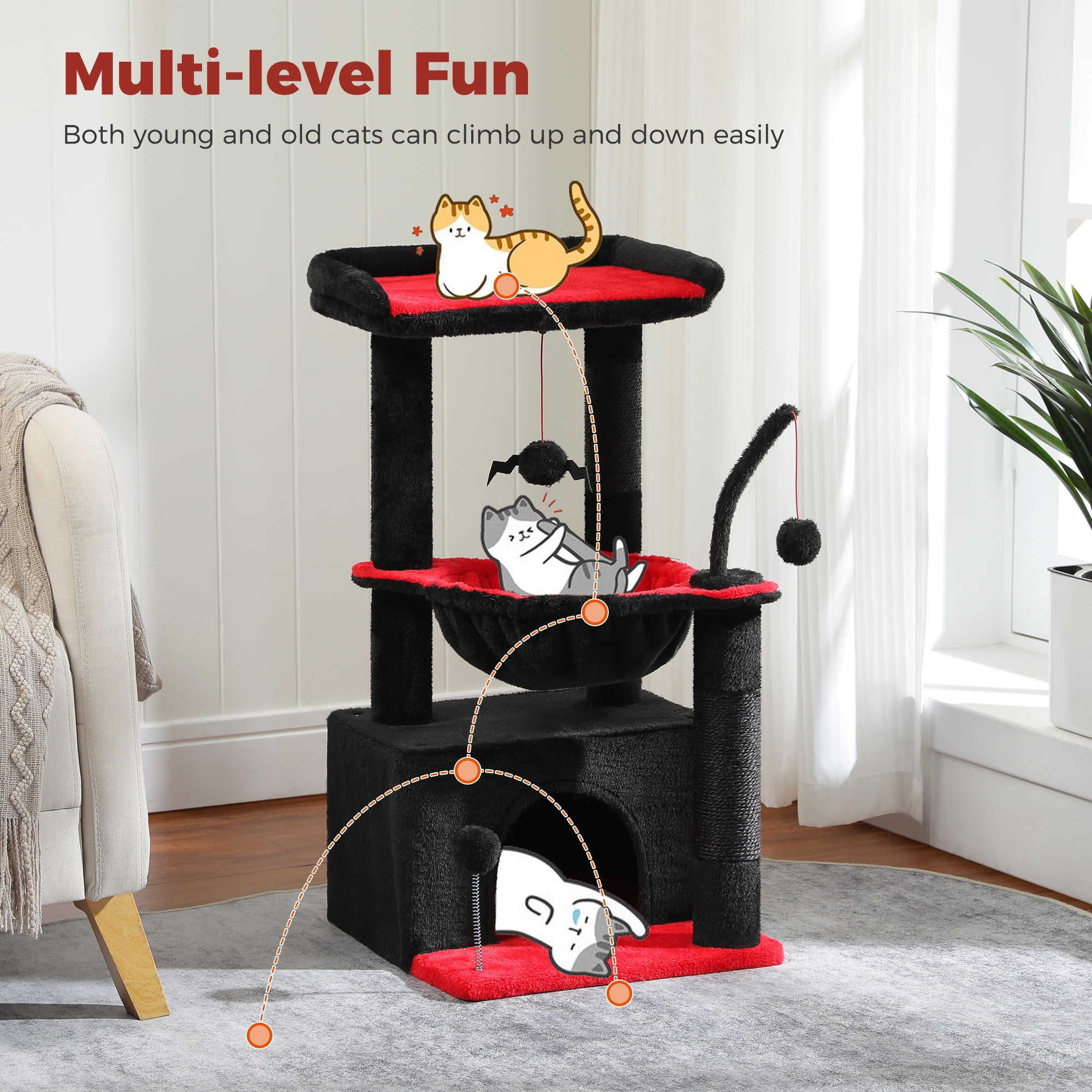PAWZ Road Cat Tree 33" Gothic Cat Scratching Posts Tower with Large Top Perch and Hammock for Medium Indoor Cats, Black