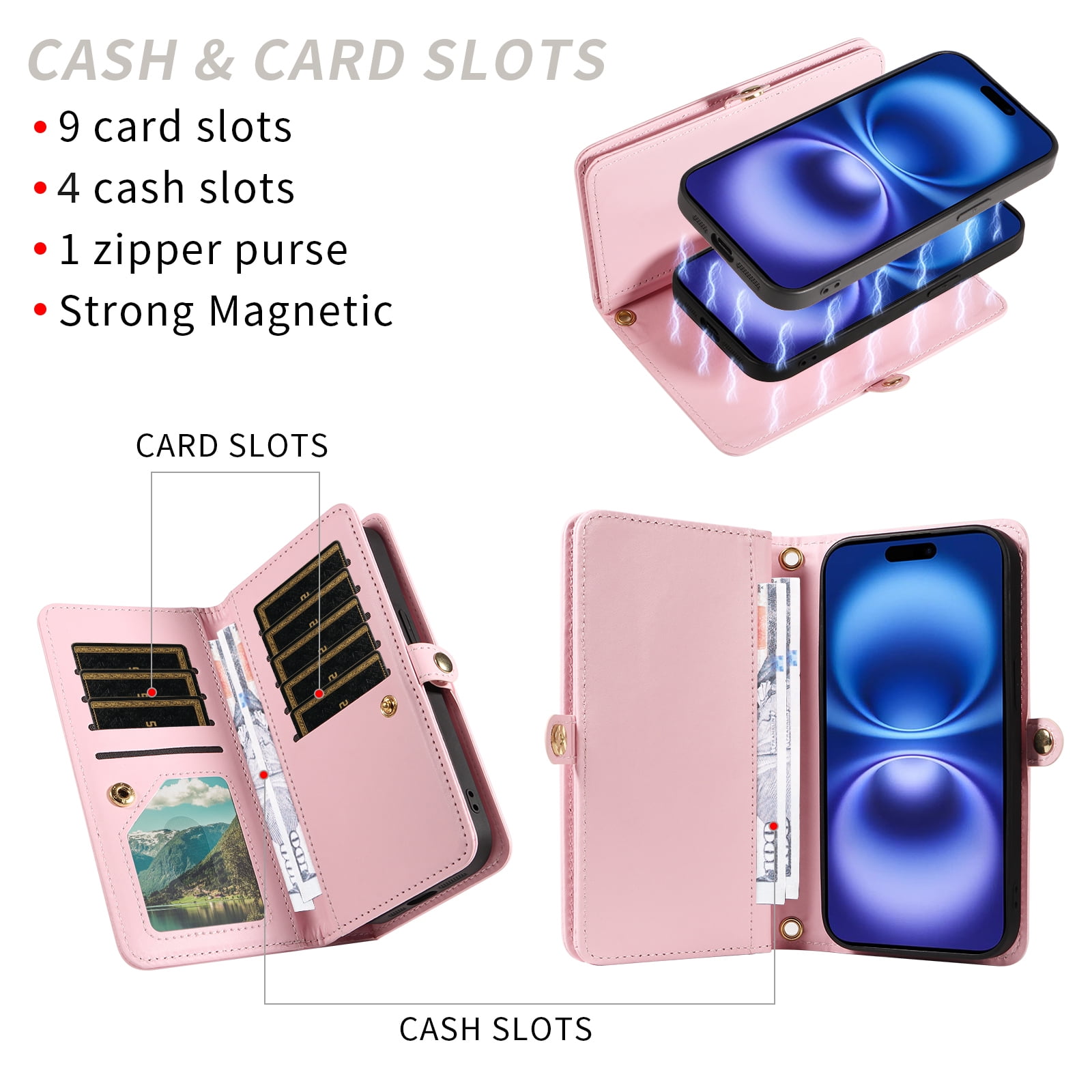 Asuwish Phone Case for iPhone 16 6.1 inch Zipper Wallet Detachable Cell Cover with Tempered Glass Screen Protector Crossbody Lanyard Strap Bling Glitter Flip Card Holder Slot i Phone16 i16Case Pink