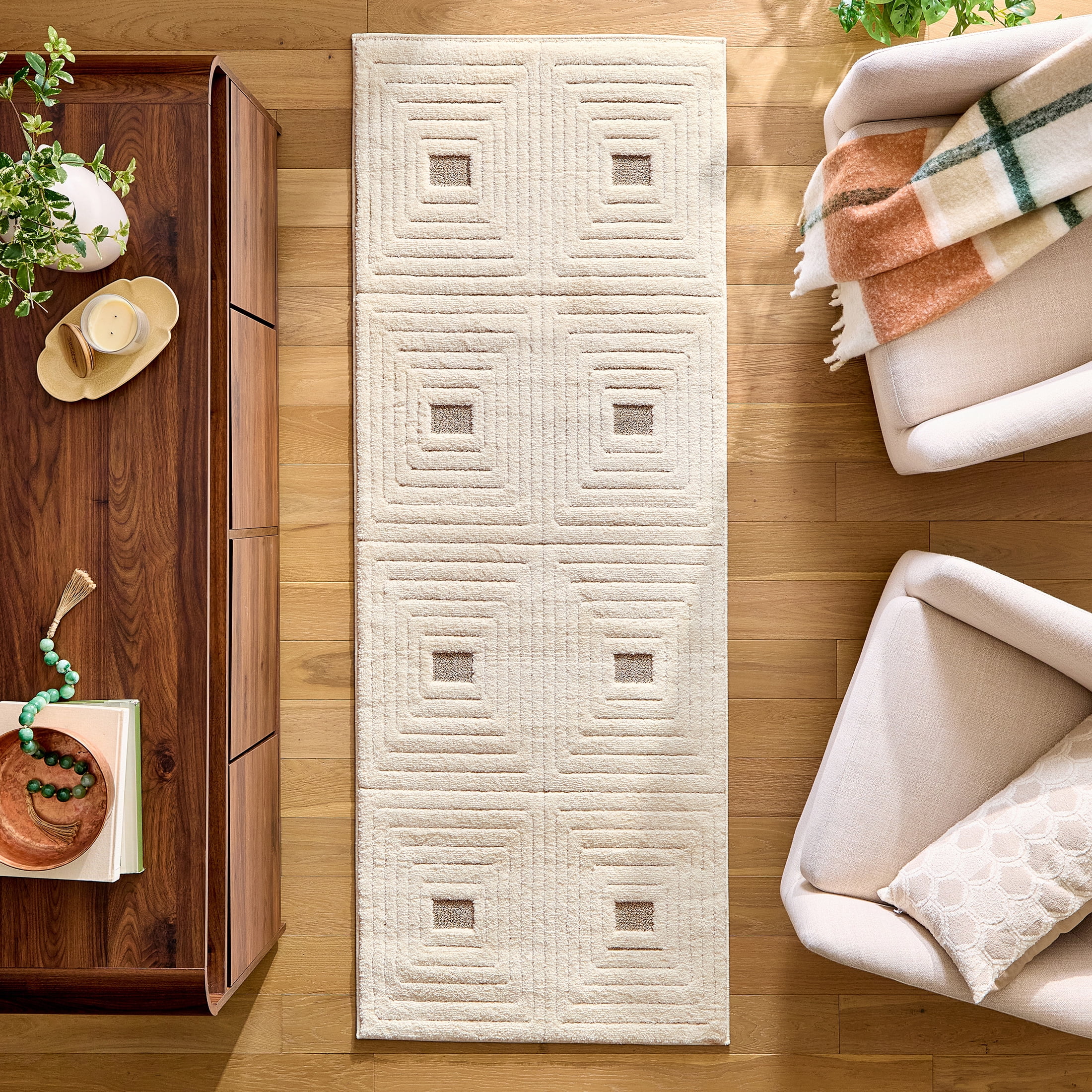 Better Homes & Gardens Tan/White Linear Square Geo High-Low Indoor Rug Runner, 2.5' x 7'