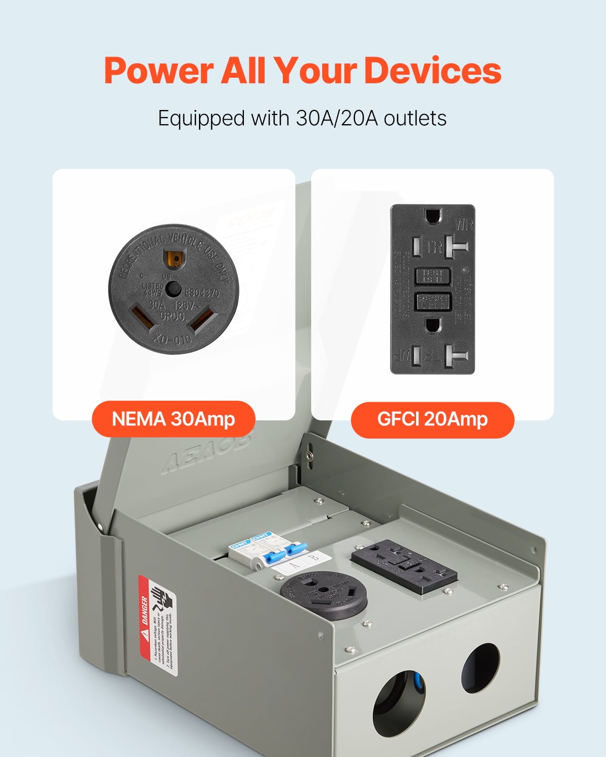 VEVOR Temporary Power Outlet Panel, 20 30 Amp, RV EV Electrical Outlet Panel with NEMA 30 Amp GFCI 20 Amp Receptacle Installed, Pre-Wired IP54 Weatherproof Box, for RV Camper Car Travel Motorhome