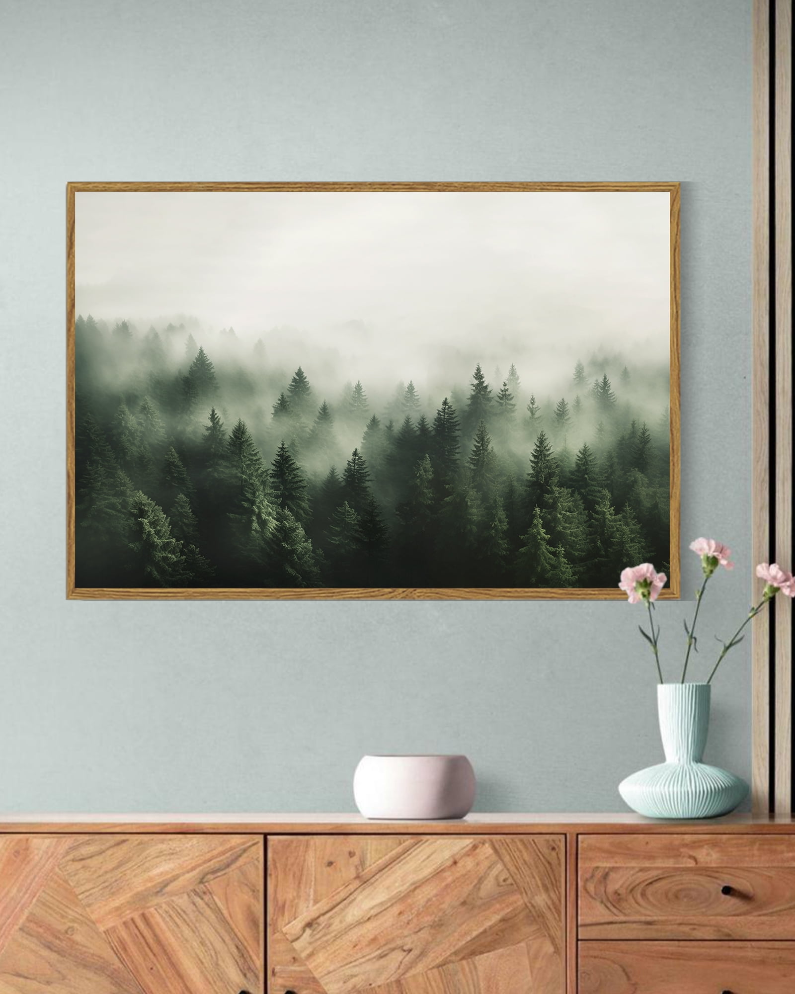 Drsoum Framed 24x36in Canvas Wall Art Vintage Classical Oil Painting Green Pine Tree Forest Room Decor for Bathroom Bedroom Living Room - Natural Framed