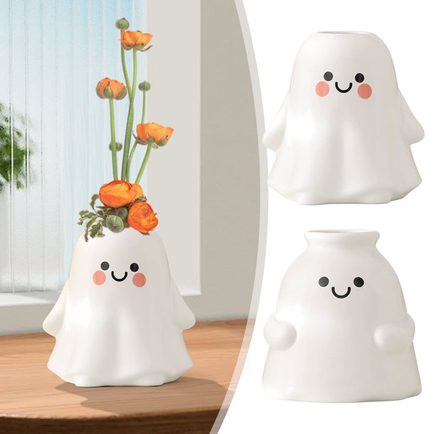 Jarrón de Cerámica con Forma de Fantasma, Blanco, Decorativo | Decoración Moderna para Flores Frescas | Habitación Infantil | 15 X 12,5 X 4,8 Cm