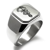 Stainless Steel Exalted Dragon Blade Engraved Square Flat Top Biker Style Polished Ring