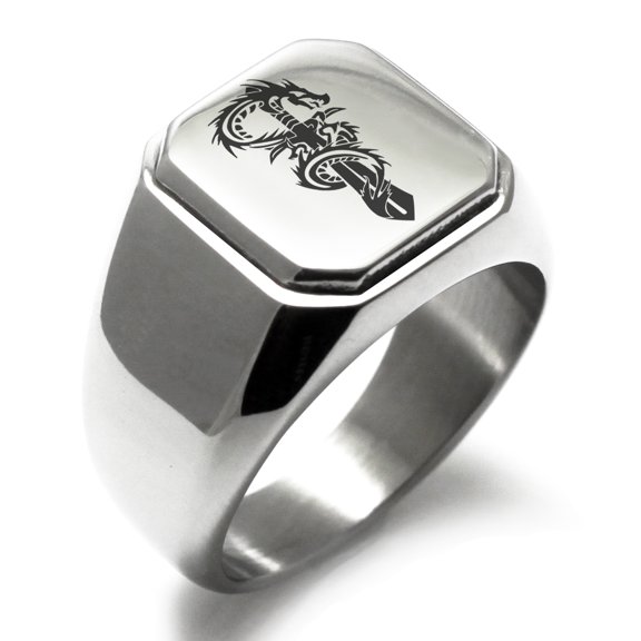 Tioneer Stainless Steel Exalted Dragon Blade Engraved Square Flat Top Biker Style Polished Ring