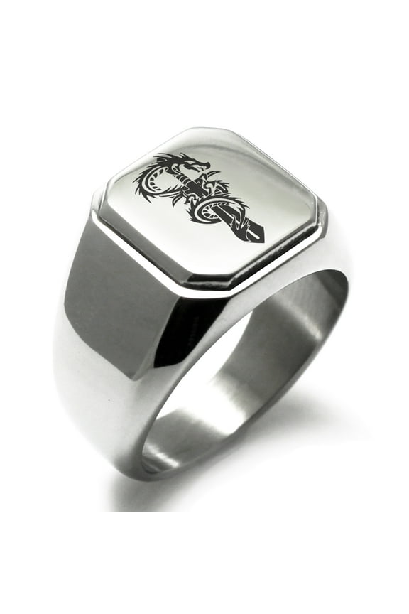 Stainless Steel Exalted Dragon Blade Engraved Square Flat Top Biker Style Polished Ring