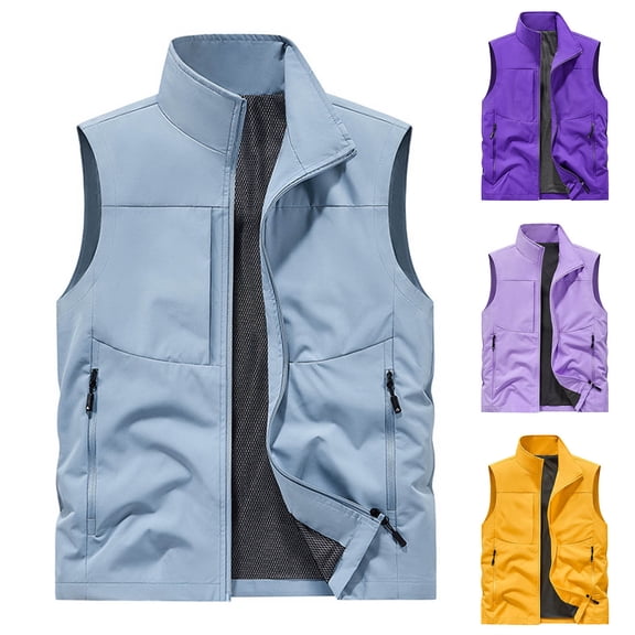 Mens Casual Lightweight Travel Vest Outdoor Summer Utility Sai Sleeveless Jackets Hiking Fish Photo Vest with Zipper Pockets Big and Tall Size M-5XL Yellow