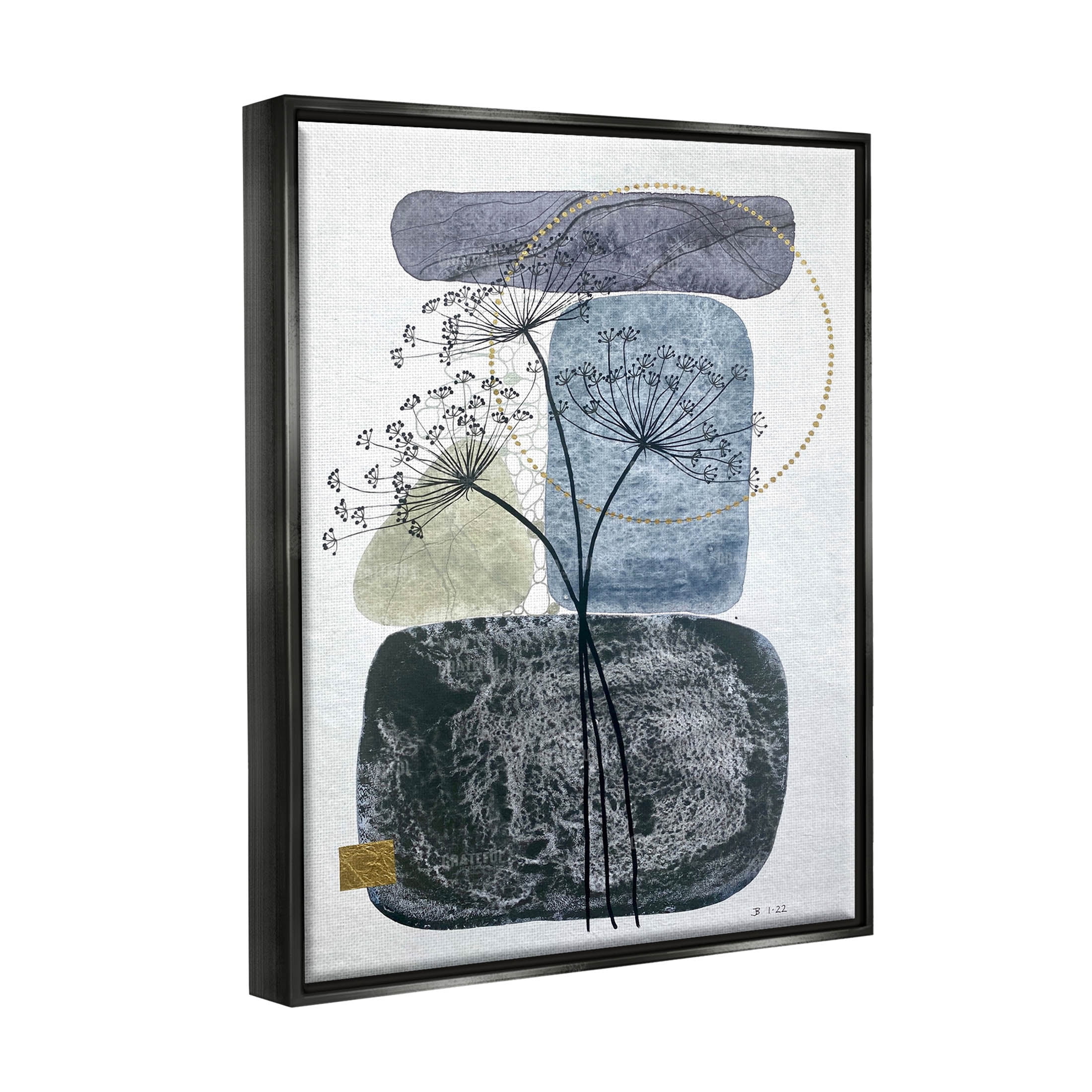 Modern Layered Botanical Pebbles Abstract Graphic Art Jet Black Framed Art Print Wall Art