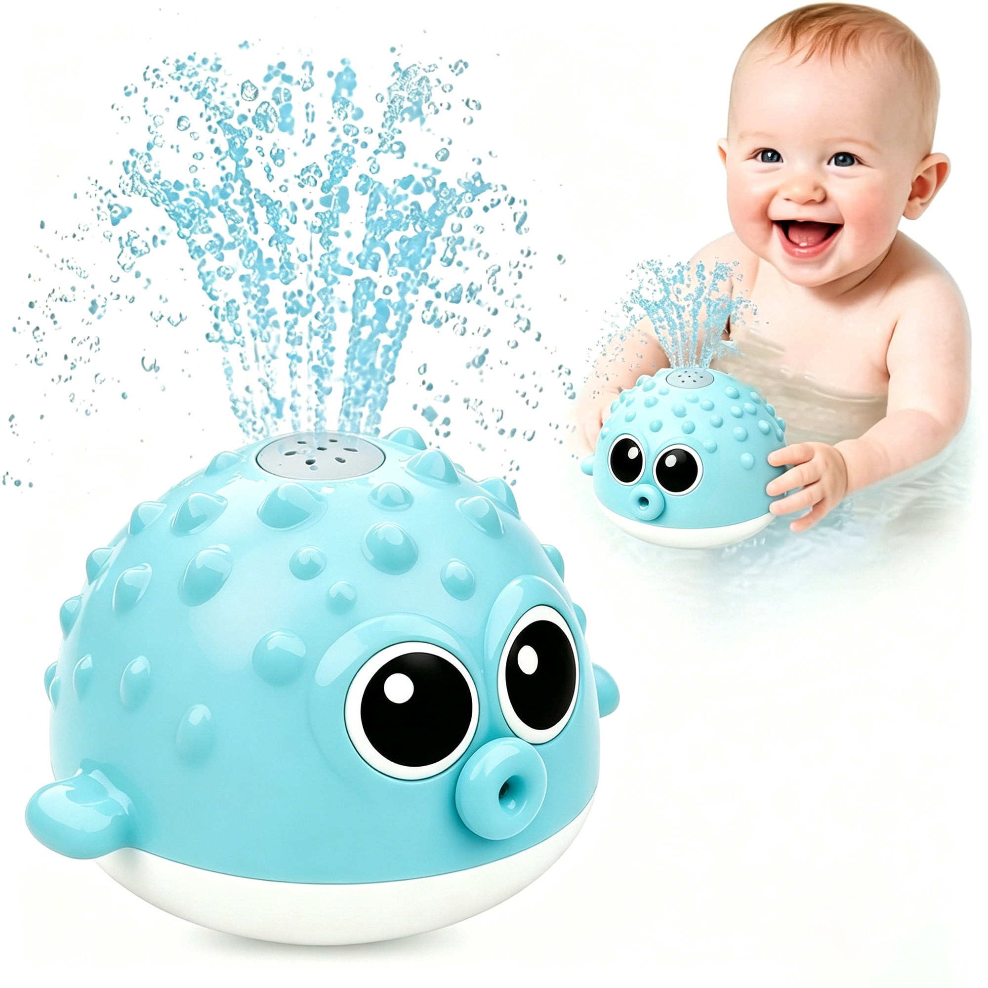 Dammyty Baby Bath Toys, Toddler Pool Toy, Pufferfish Light up Fountain Bath Toy, Christmas Birthday Gift for Baby Toddler 6 Months and Older