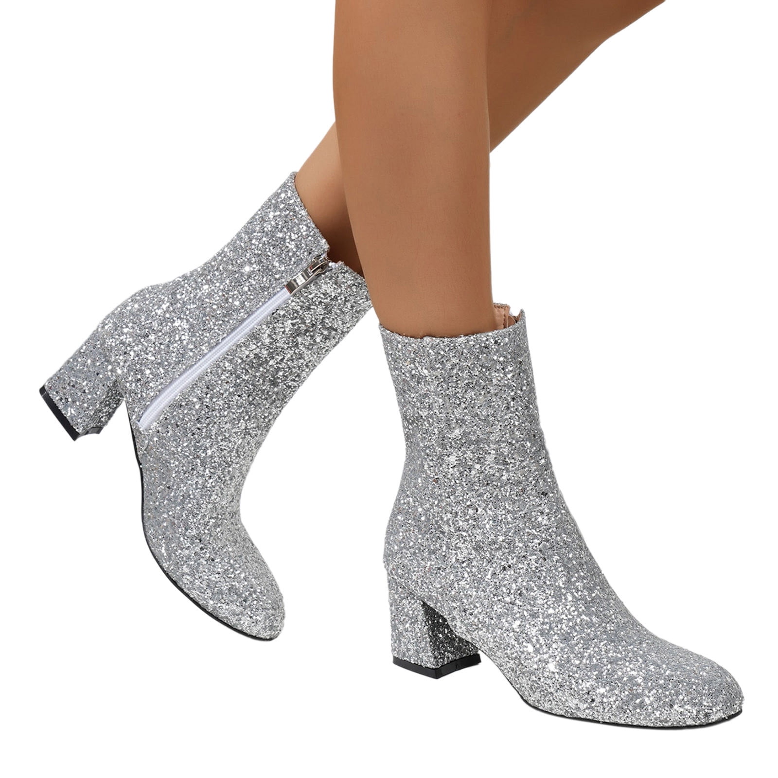 Women's Glitter Ankle Booties With Chunky Heel & Side Zipper - Round Toe Short Boots For Fall/Winter