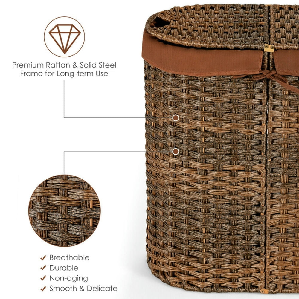 Finihen Laundry Hamper, Laundry Basket, Handwoven Laundry Hamper Basket with 2 Removable Liner Bags, for Bathroom, laundry Room, Brown Finihen Laundry Hamper, Laundry Basket, Handwoven Laundry Hamper Basket with 2 Removable Liner Bags, for Bathroom, laundry Room, Brown