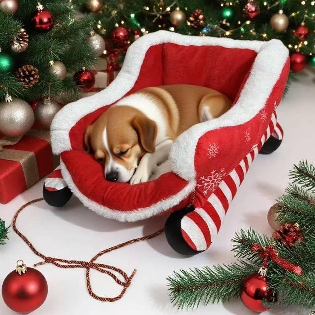 Nebwoak Christmas Sleigh Dog Bed for Small Dogs, Plush Washable Pet Bed with Removable Cushion, Holiday Cat Bed Warm Winter