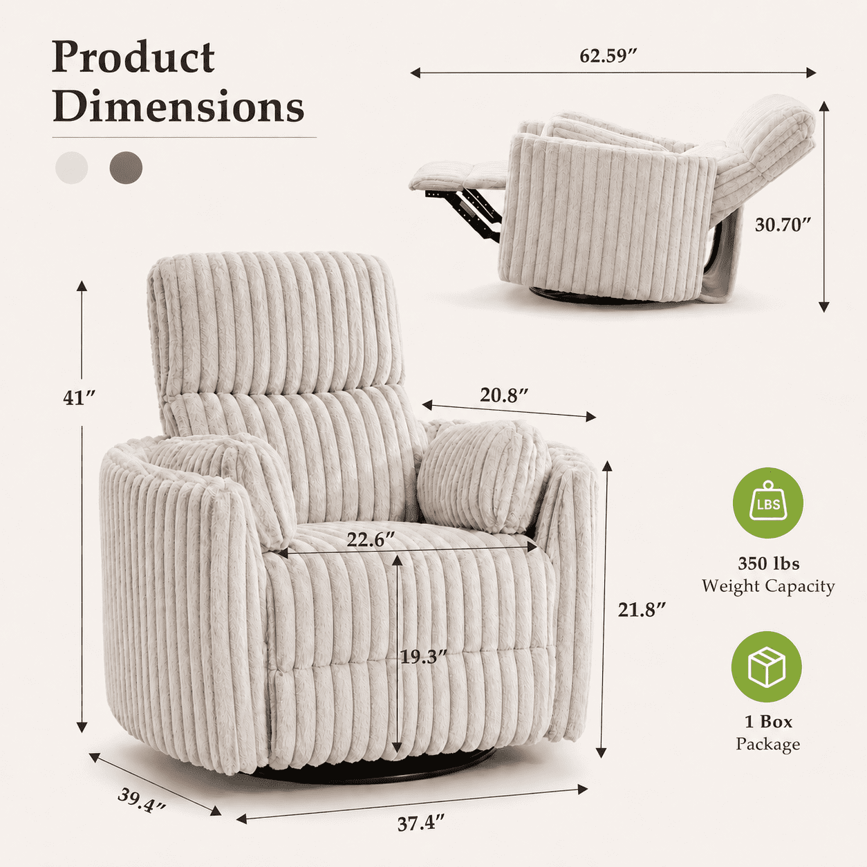 Power Swivel Glider Recliner Chair with 2 Pillows,USB & Type-C Ports,Plush Corduroy Upholstery Rocking Nursery Reclining Chair for Living Room Faux Fur Ivory
