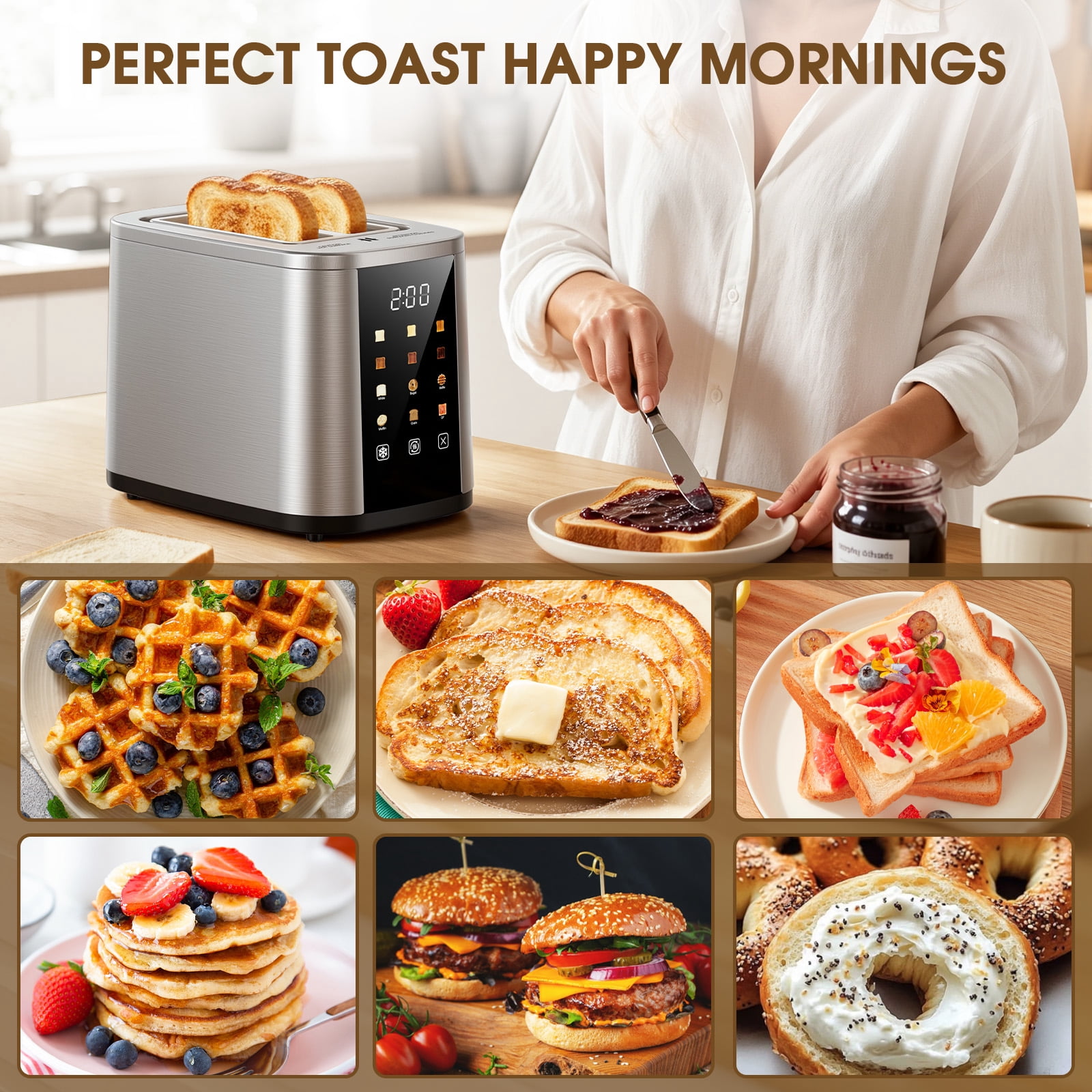 ONSON 2 Slice Toaster, LED Touchscreen, Stainless Steel，Wide Slot, 800W, 6 Bread Modes, Auto Timer, Kitchen Essential