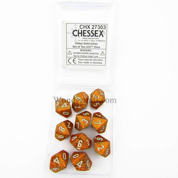 Gold Glitter Dice with Silver Pips D10 16mm (5/8in) Pack of 10 Chessex