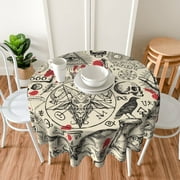 TEQUAN 60" Round Tablecloth, Vintage Masonic Mysticism Skulls Pattern Washable Polyester Table Cloth, Waterproof Wrinkle Resistant Decorative Table Cover