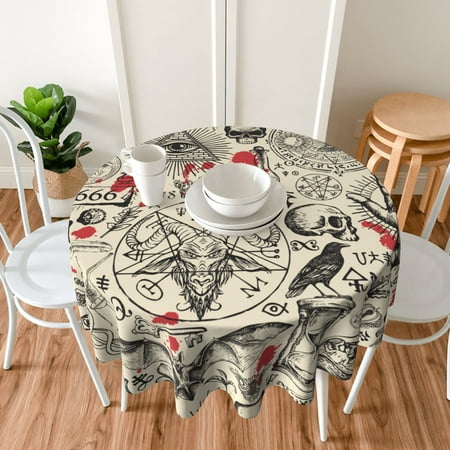 TEQUAN 60" Round Tablecloth, Vintage Masonic Mysticism Skulls Pattern Washable Polyester Table Cloth, Waterproof Wrinkle Resistant Decorative Table Cover