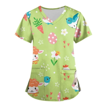 

XHJUN Womens Scrub Tops 2xl Easter Scrub Tops Bunny & Eggs Graph Tee T-Shirt Cute Short Sleeve Working Uniform Tops Workwear 2023 Green XXXL