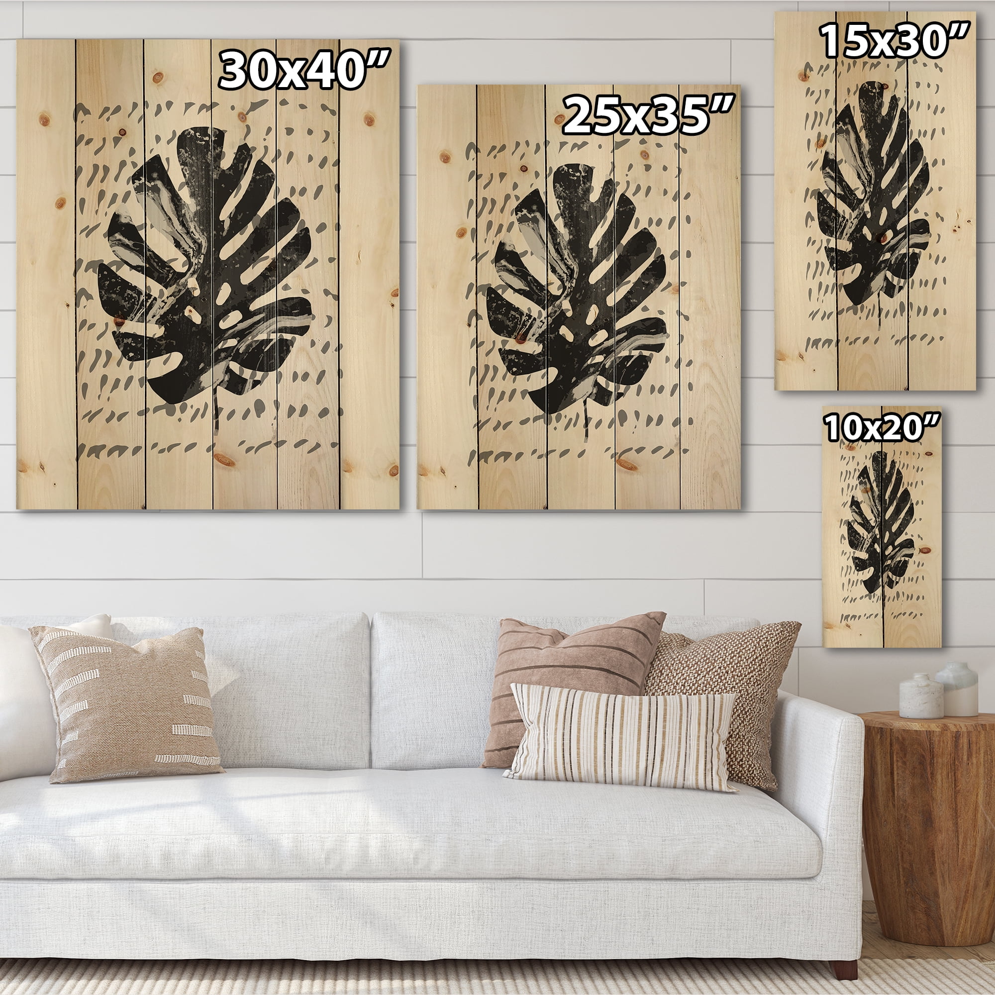 Designart 'Minimal Tropical Palm Leaf Over Grunge Texture' Tropical Print on Natural Pine Wood
