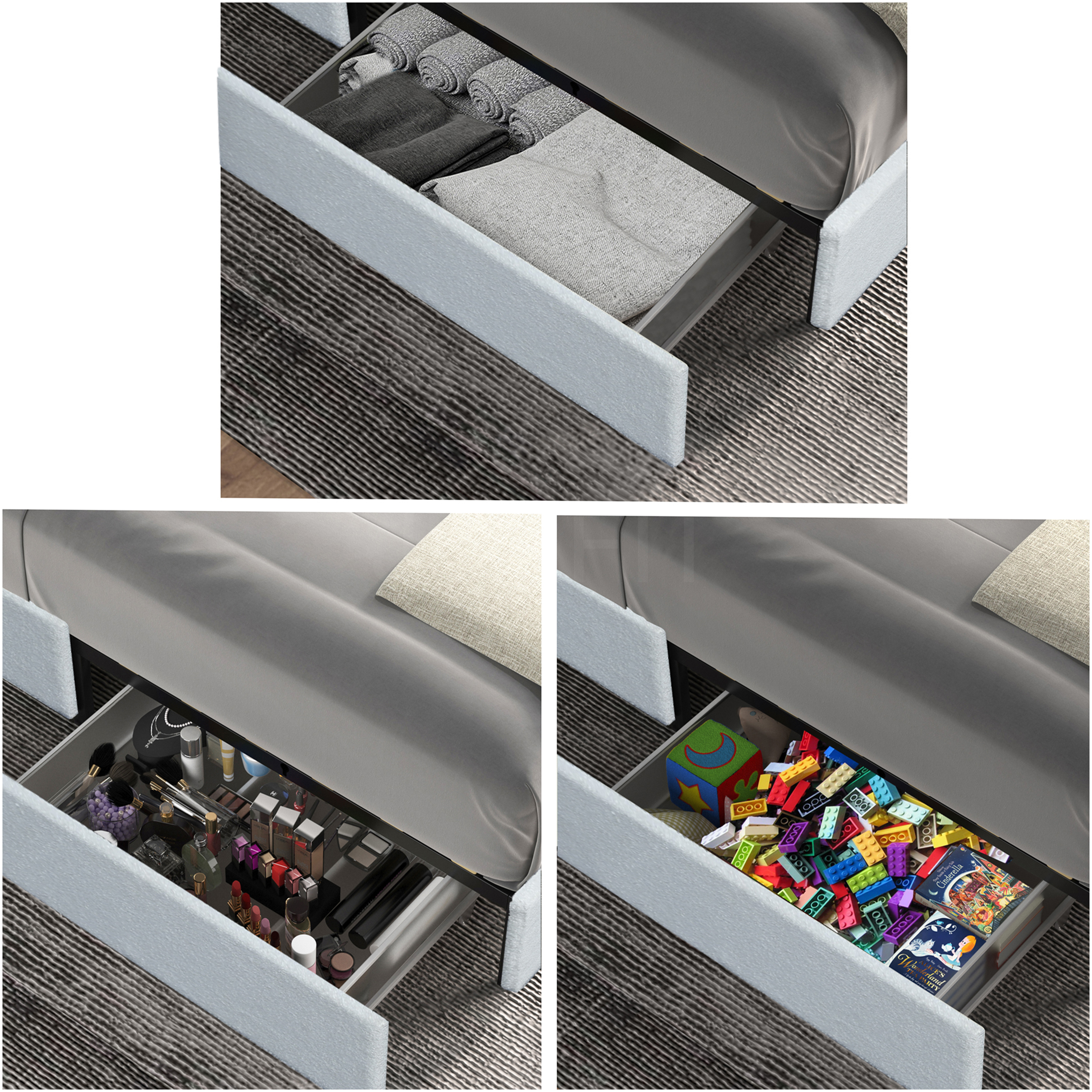 JERFIT Ivory Queen Size Upholstered Storage Bed Frame with 4 Large Drawers, Wingback Headboard Wood Slat Support, No Box Spring Needed