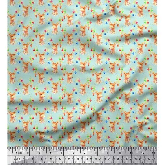 Soimoi polyester Crepe Fabric Christmas Baubles & Reindeer Face Animal Print Sewing Fabric Yard 52 Inch Wide