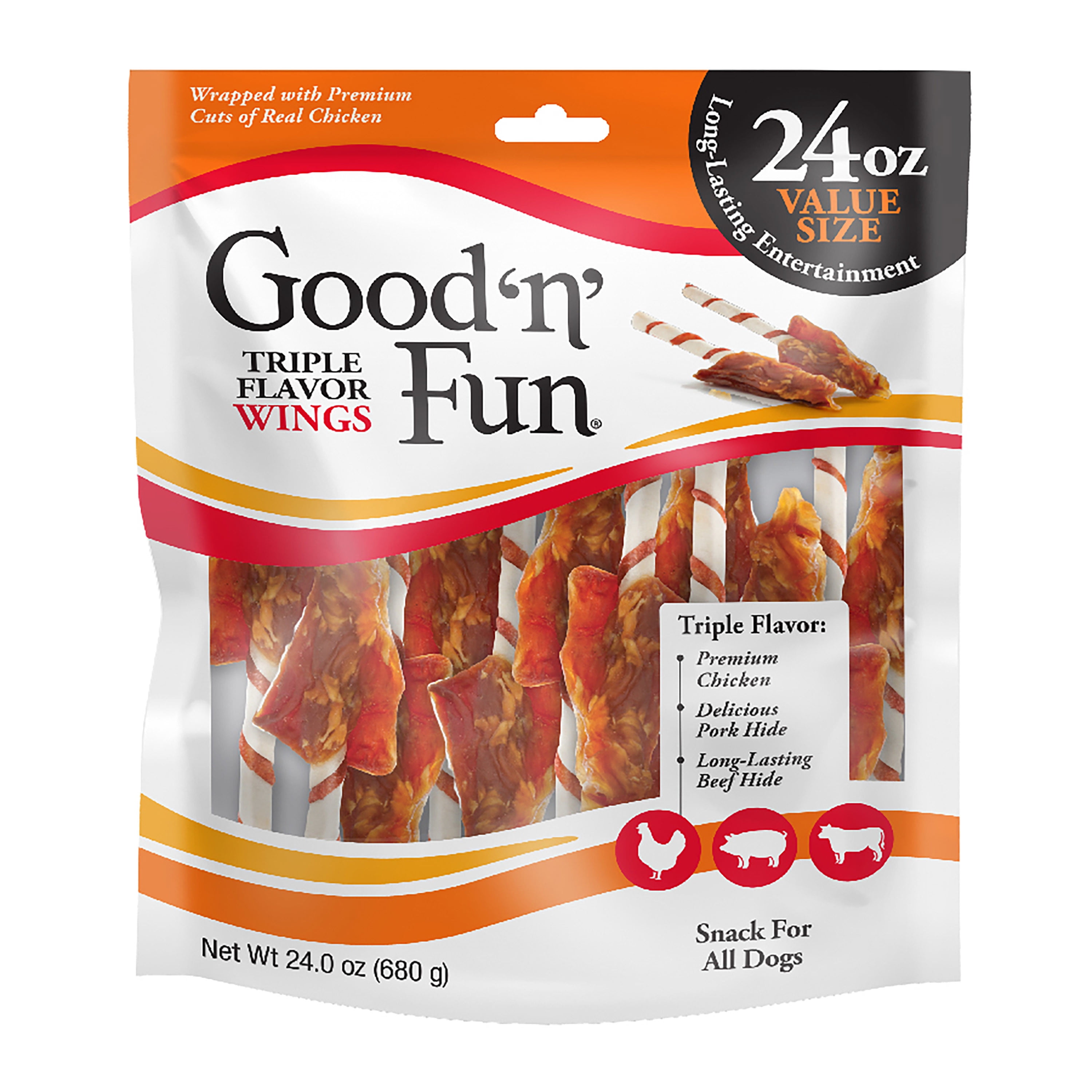 (3 pack) Good 'n' Fun Triple Flavor Wings, Rawhide Chew for All Dogs, 24 oz