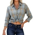 thumbnail image 3 of Womens Button Down Shirts Lightweight Plaid Long Sleeve Collared Jacket Tops Vintage Casual Business Loose Fit Blouses Light Blue XL, 3 of 9