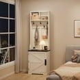 thumbnail image 2 of Space-Saving Farmhouse Hall Tree with Shoe Storage - 23.6" Narrow Entryway Bench, 5 Coat Hooks, 2 Open Cubbies, Barn Door - Small Coat Rack Cabinet for Hallway, Living Room, Mudroom - White, 2 of 8