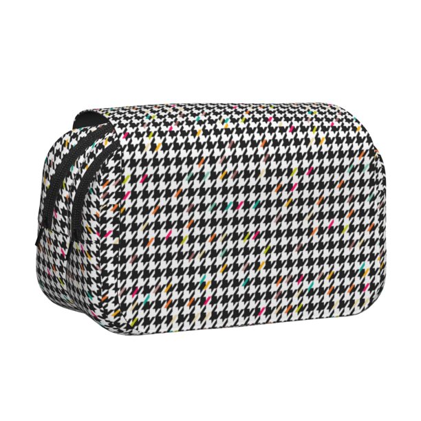 Disketp Black And White Houndstooth Estuche de Lápices de Doble Capa con Tapa Abatible y Cremallera, Organizador Escolar para Adolescentes y Adultos