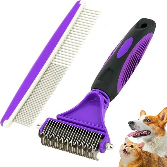 Saluqifa Pet Dematting Tool 2 Pack - Double Sided Undercoat Rake & Dematting Comb for Detangling Matted or Knotted Undercoat Hair, Great for Medium or Long-haired Dogs & Cats