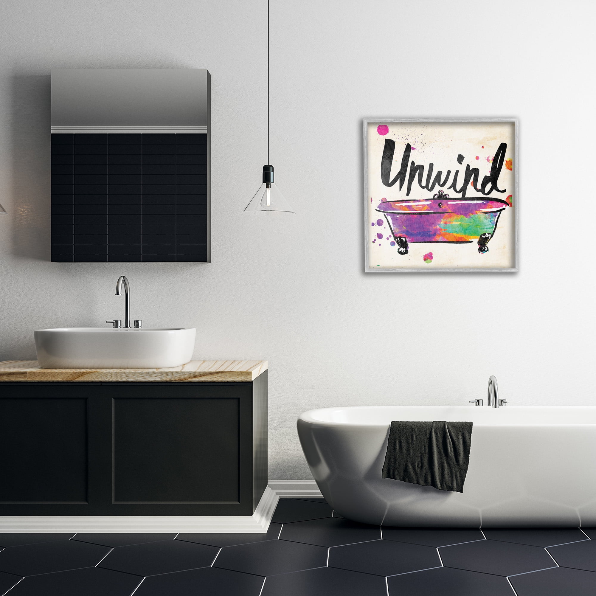 Stupell Industries Unwind Rainbow Colors Icon Bath Typography Painting Gray Framed Art Print Wall Art, 24 x 24