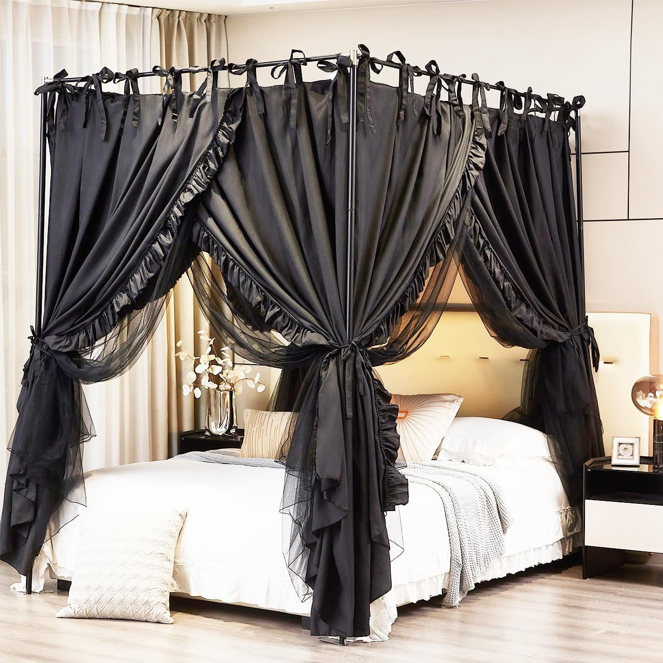 4 Corners Post Canopy Bed Curtains Double Layer Cozy Drape Netting 4 Opening Mosquito Net Mesh for Girls Bedroom Decoration(Black,Queen)