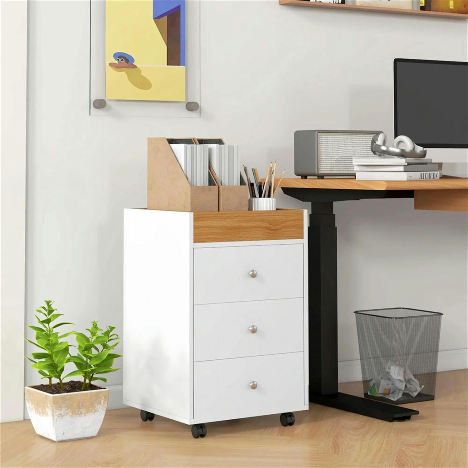 Demi Bonn Rolling Filing Cabinet with Castors, Modern 3 Drawer File Cabinet with Top Tray Under for Home Office, Desk Printer Stand, White
