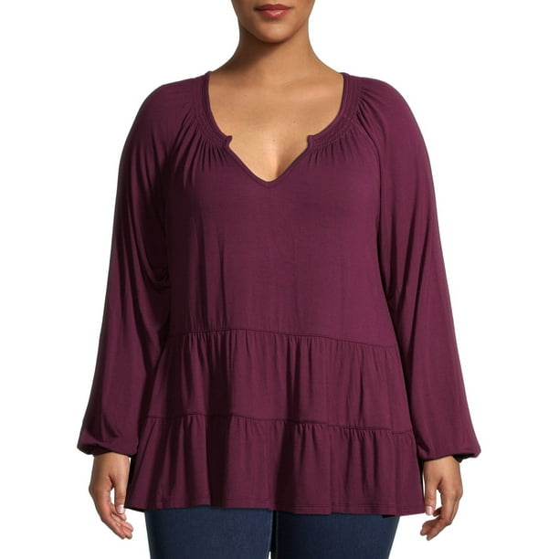 Terra & Sky Women's Plus Size Tiered Peasant Top with Long Sleeves ...