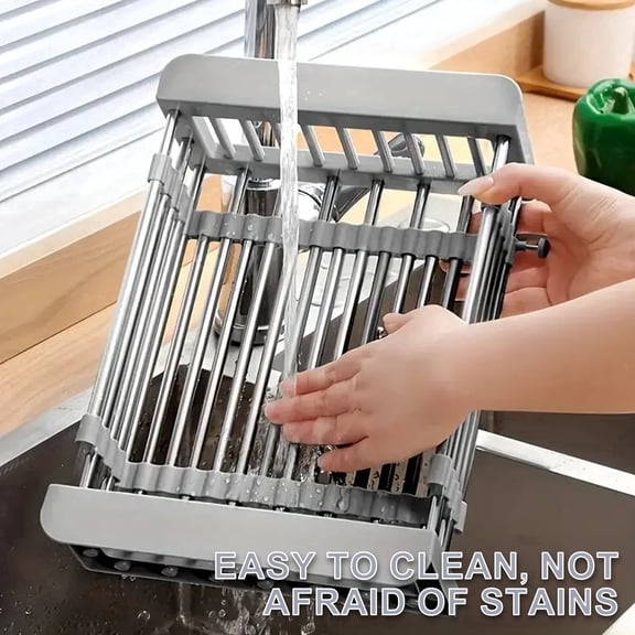 NATPLUS Extendable Sink Dish Drying Rack, Adjustable Stainless Steel Over the Sink Drainer Basket for Fruits, Vegetables and Dishes, Space-Saving Kitchen Organizer