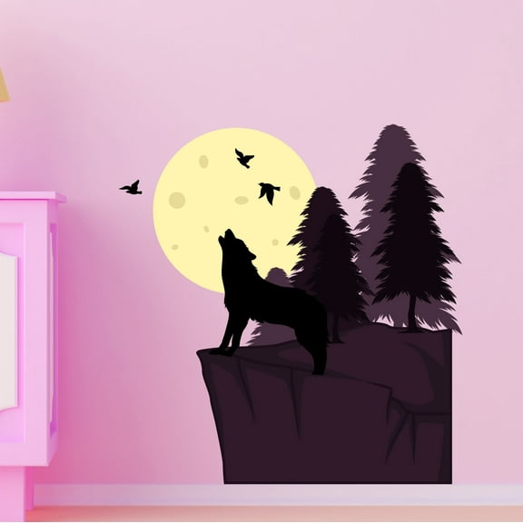 Outdoor Scenes Wall Decal Wolf on a Hill Howling at Full Moon Bedroom Wall Decal for Boys Forest Cute Themed Room Decal - Size: 10 In x 10 In