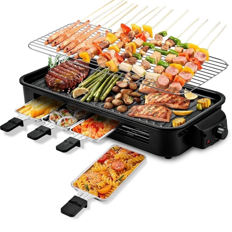 SUSLAS Electric Indoor Grill & Griddle, 1800W Smokeless Design with 4 Removable Nonstick Plates, Dishwasher Safe, Adjustable Temperature Control for Indoor Cooking, Black