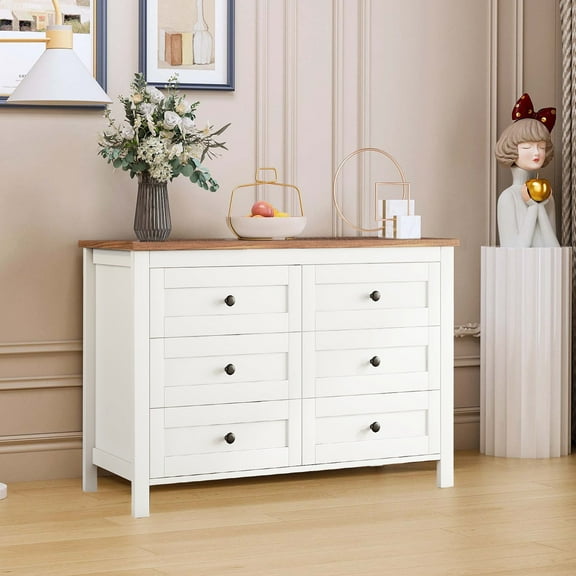 Glavbiku Retro Farmhouse Wooden 6 Drawer Dresser ,Storage Cabinet for Bedroom,White