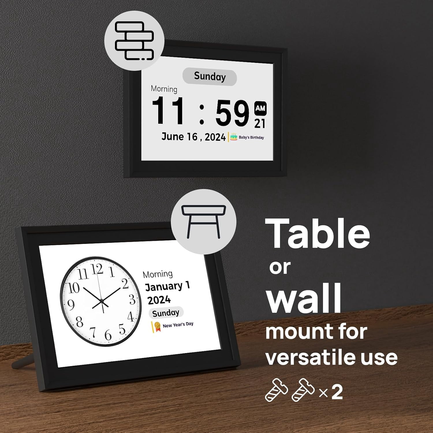 10.1 Inch Touchscreen Digital Calendar Day Clock for Seniors with Voice Alarm and WiFi Sync - Black
