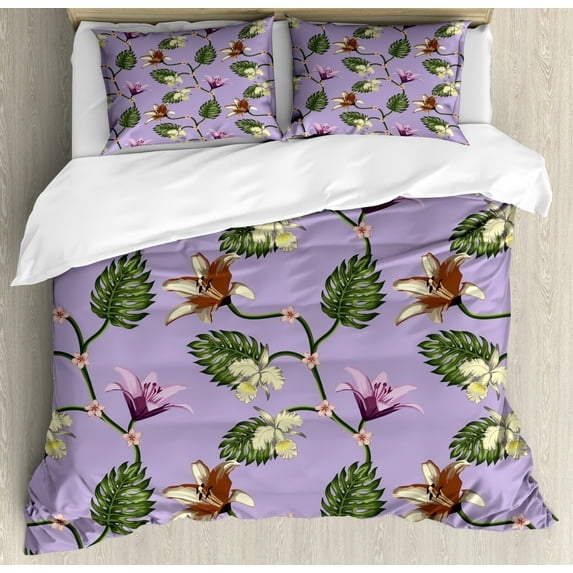 Tropical Duvet Cover Set King Size, Exotic Lily and Hibiscus Blossoms with Monstera Leaves Botanical Flora Art, Decorative 3 Piece Bedding Set with 2 Pillow Shams, Lilac Multicolor, by Ambesonne