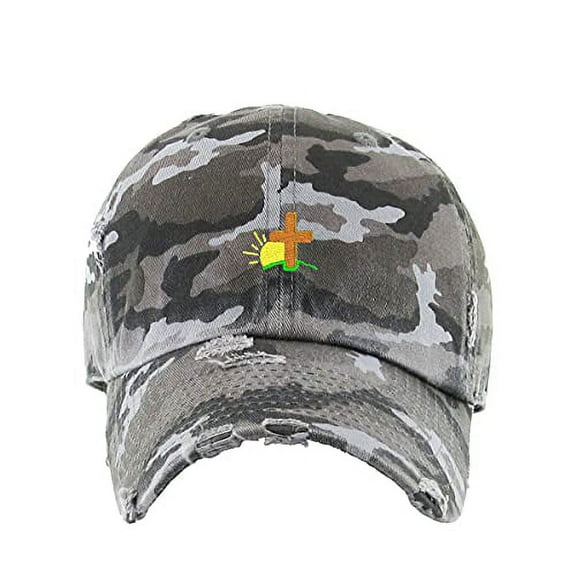 Religious Cross with Sunshine Vintage Baseball Cap Embroidered Cotton Adjustable Distressed Dad Hat Gray Camo