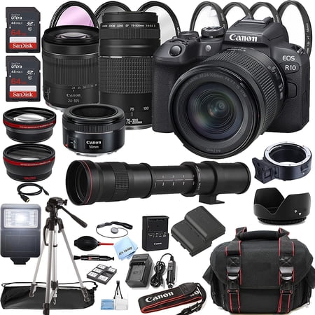 Canon EOS R10 Mirrorless Digital Camera with RF 24-105mm STM+ 75-300mm Lens + 50mm STM Lens + 420-800mm Super Telephoto Lens + 128GB Memory + Case + Tripod + Filters 45pc Bundle