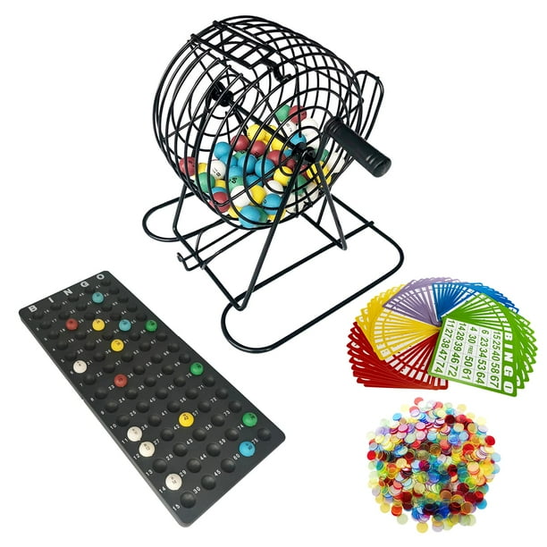 Juego de bingo Yuanhe Deluxe con jaula metálica, 50 cartas y 300 fichas