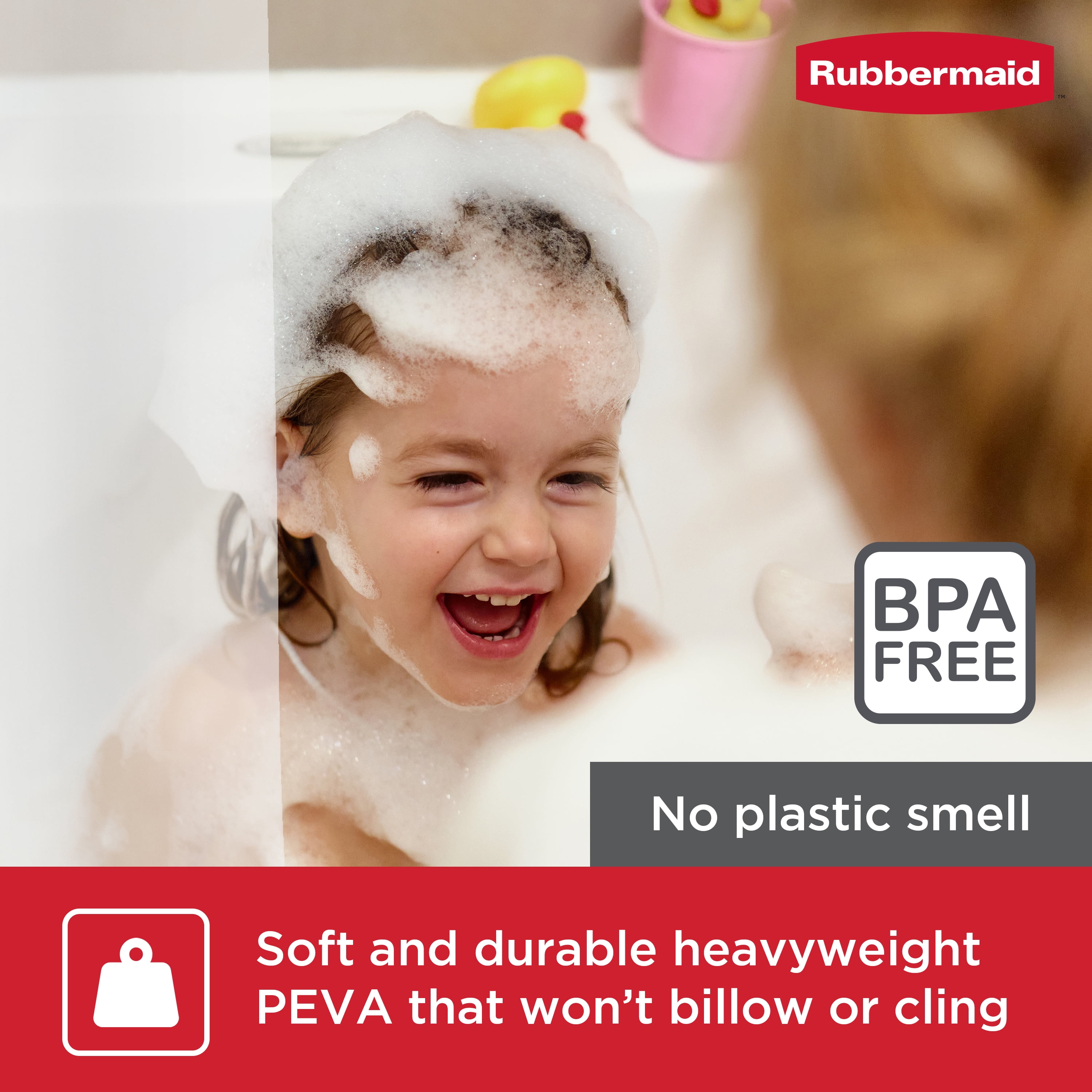 Rubbermaid White No Hook 3-in-1 Waterproof Heavyweight PEVA Instacurtain Shower Curtain with Weighted Magnets and Rustproof Gray Rings, 71” x 74”